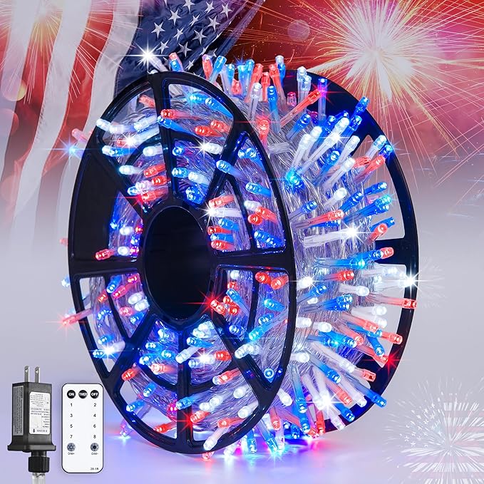 String Lights 600 LED Red, White and Blue Outdoor Lights on Reel