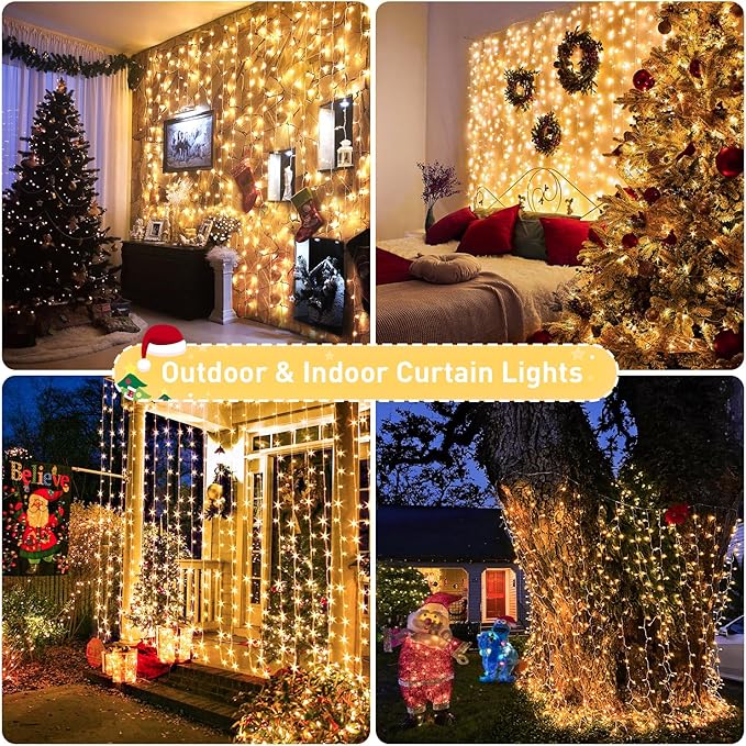 LED Curtain String Lights, 900 LEDs, Warm White, Remote, 9.5 x 29.5 ft