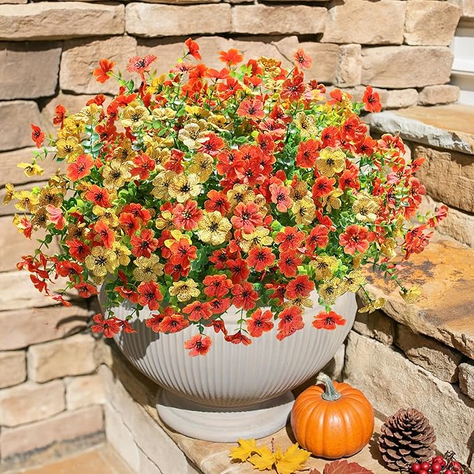 Artificial Daisy Flowers, 12 Bundles, Orange-Yellow with Eucalyptus Leaves