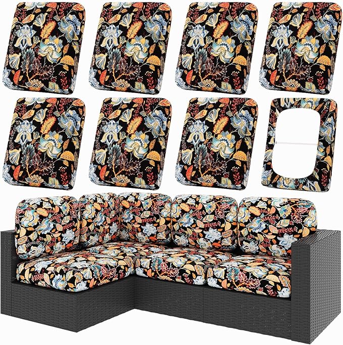 Cushion Covers, 8-Piece Floral Stretch Set with Elastic Straps