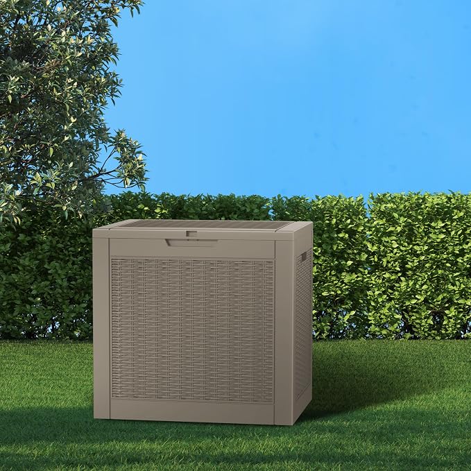 Deck Box, 31 Gallon Grey Resin Storage Bin with Padlock Loops