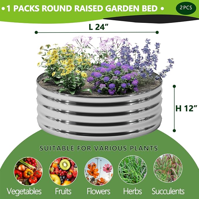 2PCS 2x2x1FT Galvanized Raised Garden Bed Kit, Vegetable Boxes-Round Metal - Image 2