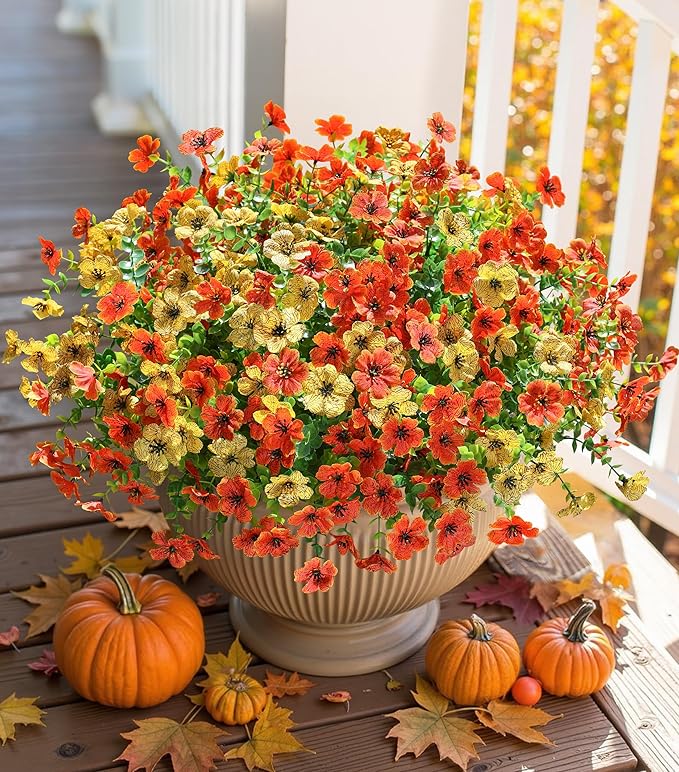 Artificial Daisy Flowers, 12 Bundles, Orange-Yellow with Eucalyptus Leaves