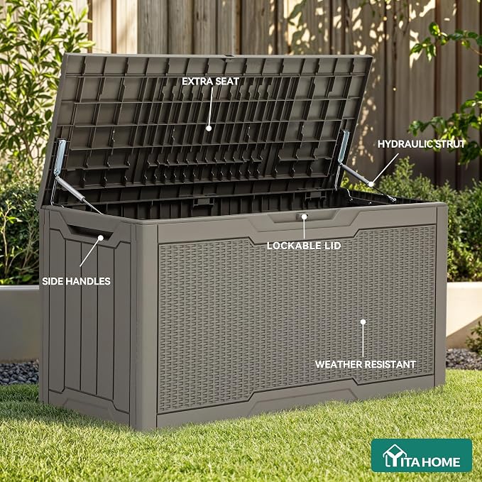 Deck Box, 80 Gallon Taupe Resin Storage Bench, Weather Resistant