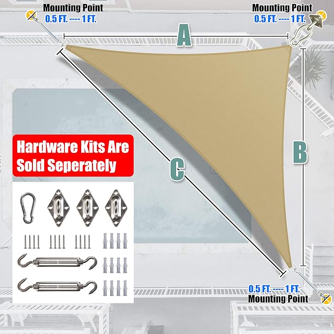 Amgo Custom Size 11' x 15' x 18.6' Sand Beige Right Triangle Sun Shade Sail - Image 7