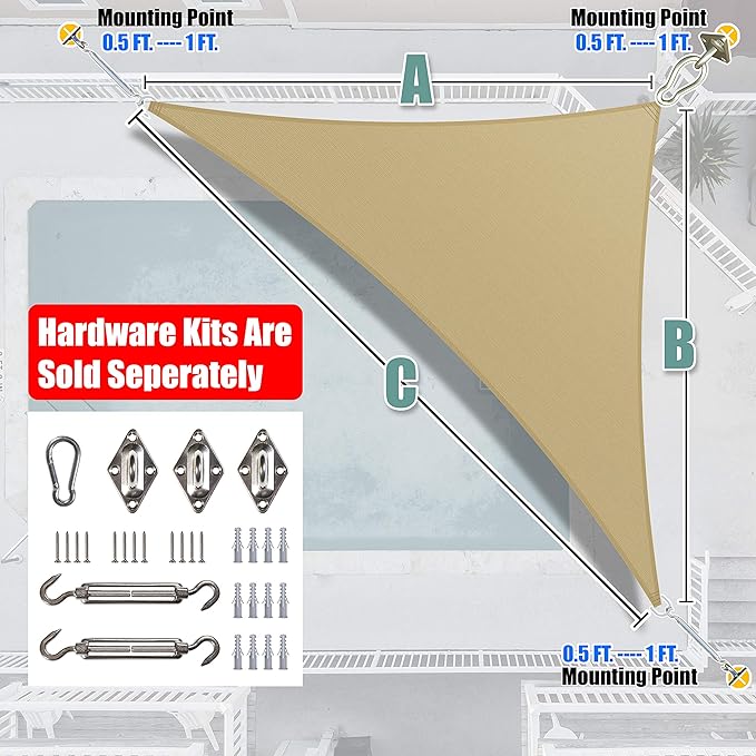 Amgo Custom Size 15' x 18' x 23.4' Sand Beige Right Triangle Sun Shade Sail - Image 8