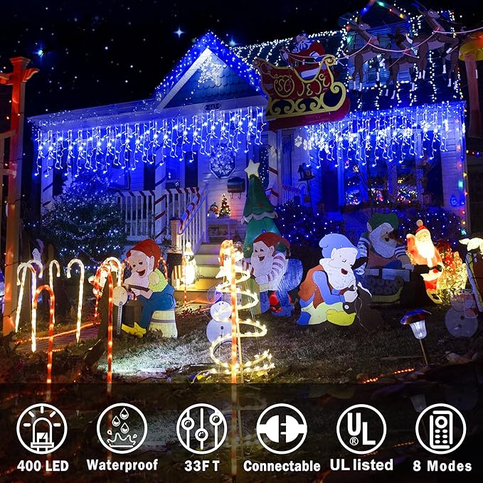 String Lights – 400 LED, 33 ft, Blue, 8 Lighting Modes for Outdoor Use