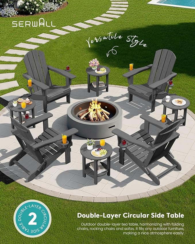 SERWALL Round Outdoor Side Table Set of 2, HDPE Small Adirondack Double End - Image 7