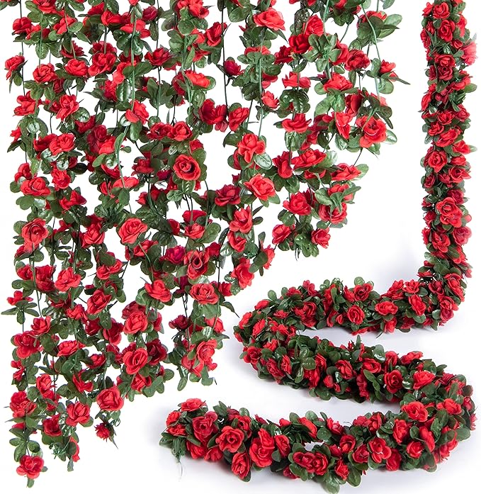 Artificial Rose Garland Vines, 8 Pack, 8.2 ft Spring Red Flowers
