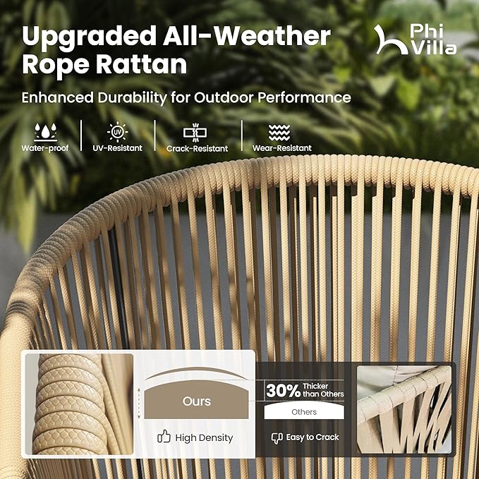 PHI VILLA Patio Wicker Chairs Set of 4, Outdoor Modern Brown Rope Rattan Chairs - Image 3