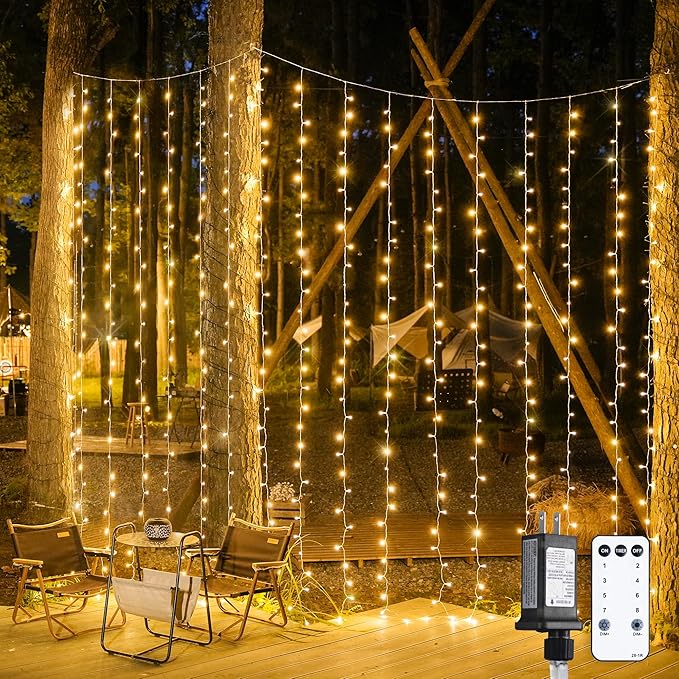 LED Curtain String Lights, 900 LEDs, Warm White, Remote, 9.5 x 29.5 ft