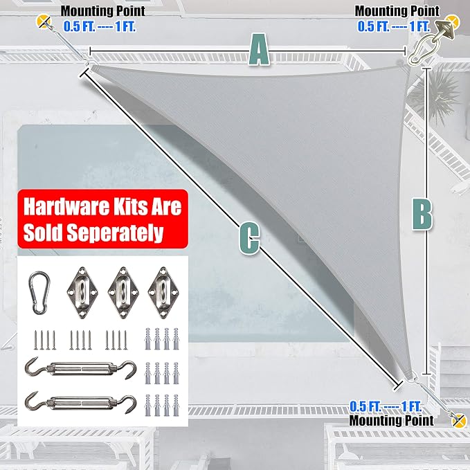 Amgo Custom Size 5' x 5' x 7.1' Gray Right Triangle Sun Shade Sail UPF50+ - Image 8