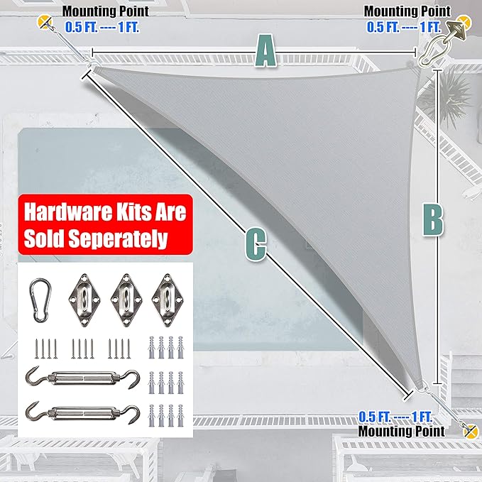 Amgo Custom Size 9' x 11' x 14.2' Gray Right Triangle Sun Shade Sail UPF50+ - Image 8
