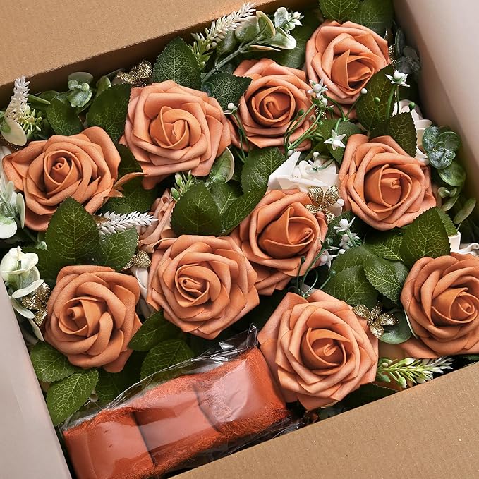 Artificial Flowers Set of 10 Terracotta Roses with 70cm Ribbon