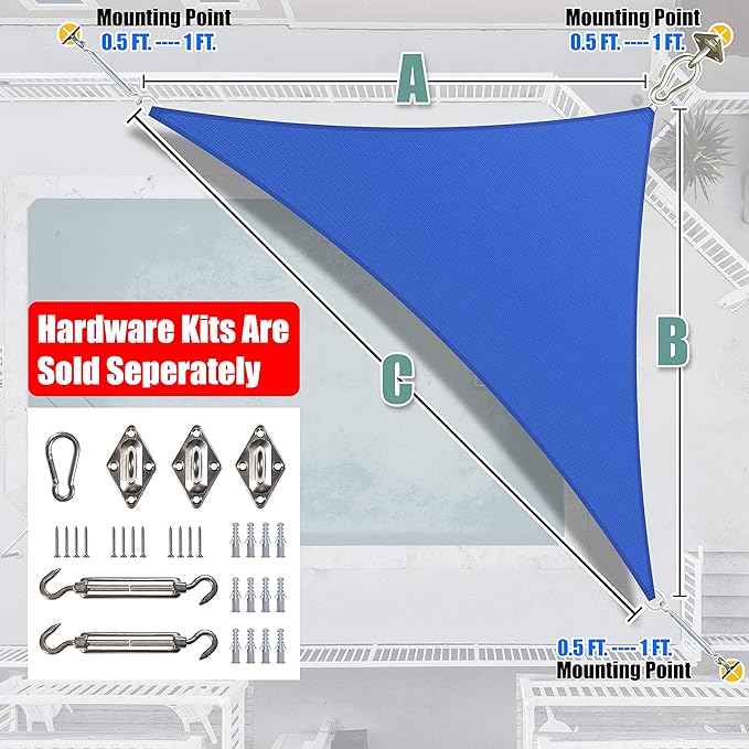 Amgo Custom Size 12' x 19' x 22.5' Blue Right Triangle Sun Shade Sail UPF50+ - Image 8