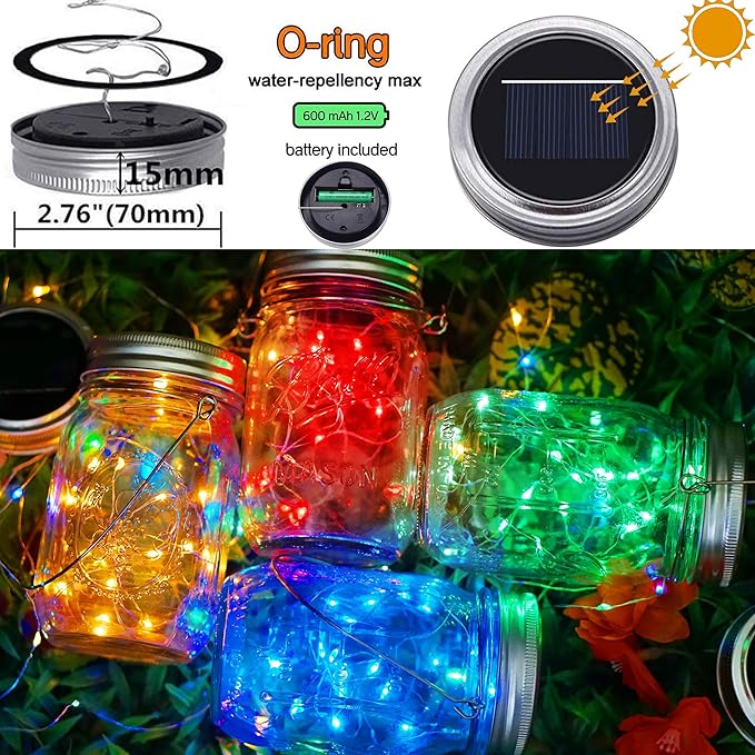 String Lights for Mason Jars, 8 Pack Multicolor Solar LED Lids