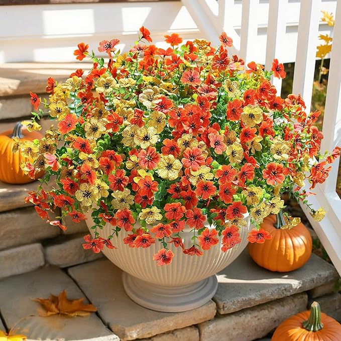 Artificial Daisy Flowers, 12 Bundles, Orange-Yellow with Eucalyptus Leaves