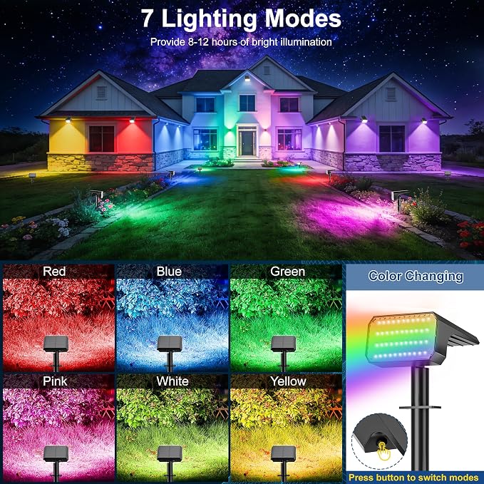 LANSOW Solar Spot Lights Outdoor Color Changing, 2 Pack/7 Modes Waterproof - Image 2