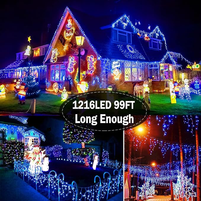 String Lights, 1216 LED, 99 ft, Blue, 8 Modes, Indoor/Outdoor
