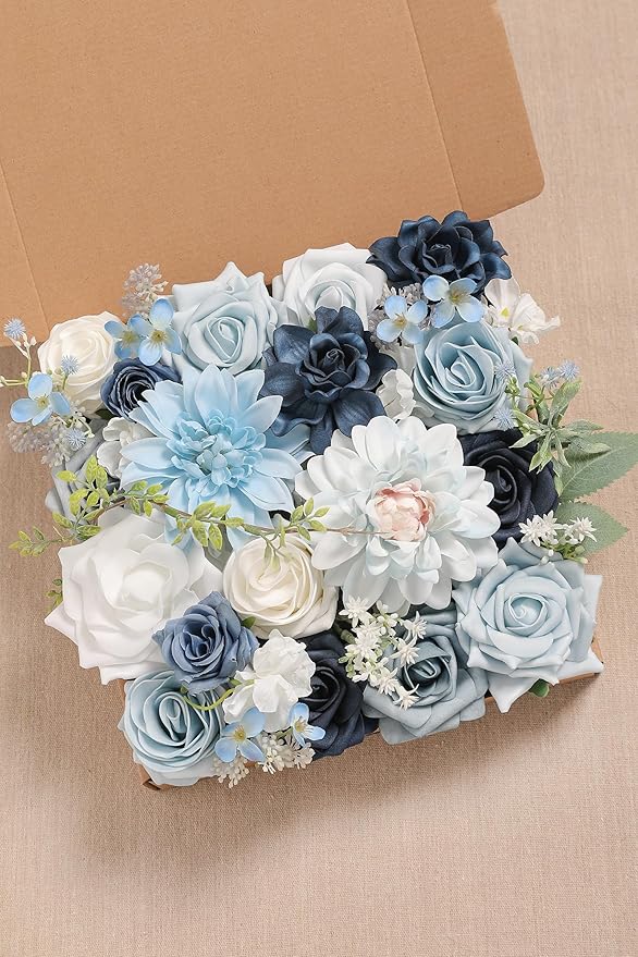 Artificial Flowers in Light and Navy Blue, Faux Silk and Foam Mix