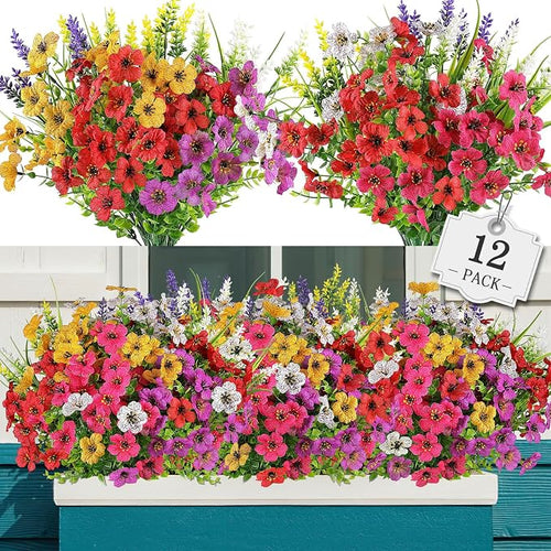 12 Bundles Artificial Flowers for Outdoor, No Fade Fake Plastic Flower Lavender by AGIRL