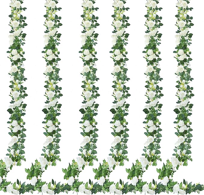 Artificial Rose Vine Garland, 6 Pack, Approx 7.75 Ft White Silk Flowers