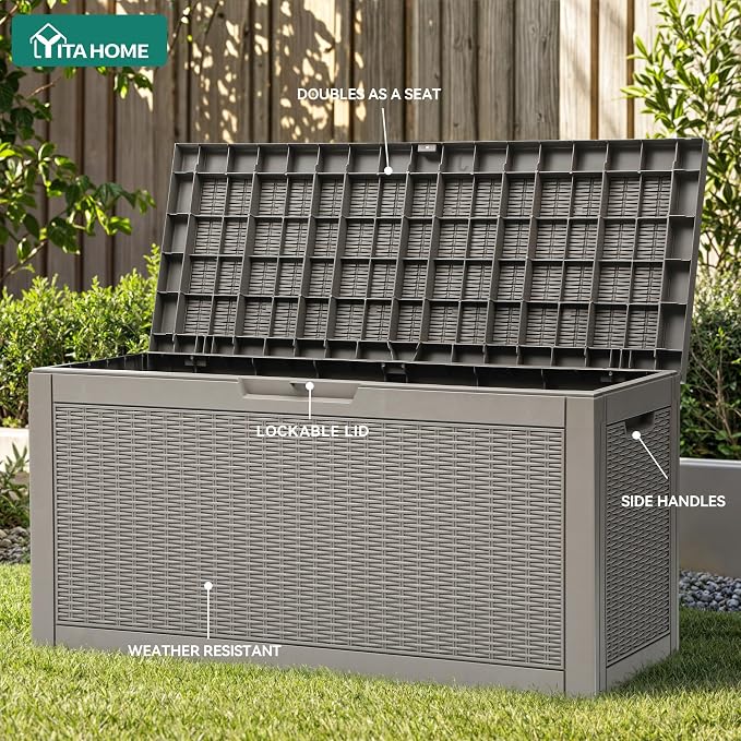 Deck Box, 60 Gallon Taupe Resin Outdoor Storage, Lockable