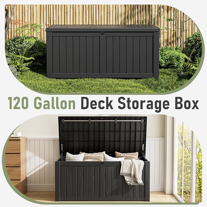 Deck Box, 120 Gallon Black Resin Lockable Waterproof Outdoor Storage