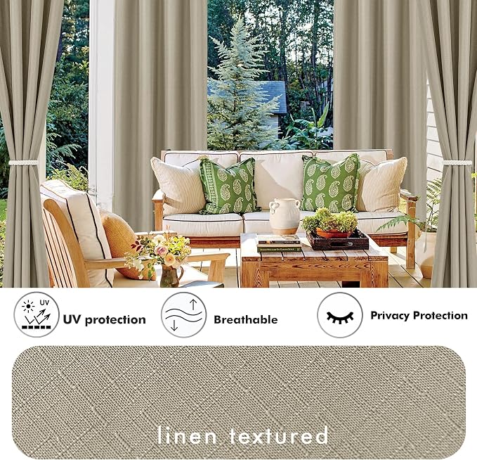 Taupe Waterproof Outdoor Curtains, 4 Panels, 54x84 Flax Linen Blend