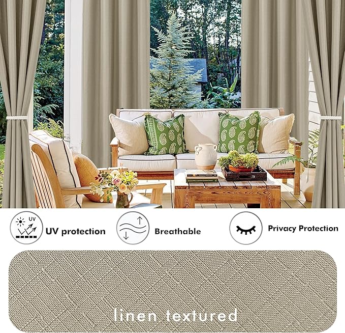 Outdoor Curtains Set of 2, Taupe Linen Waterproof Panels, 54 x 95 Inch