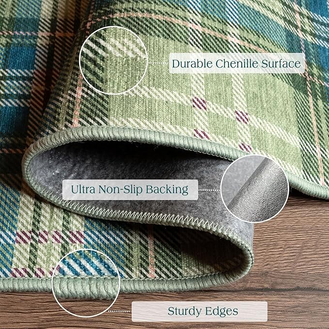Outdoor Rug 2x4.3 Ft Green Plaid Tartan, Non-Slip Machine Washable