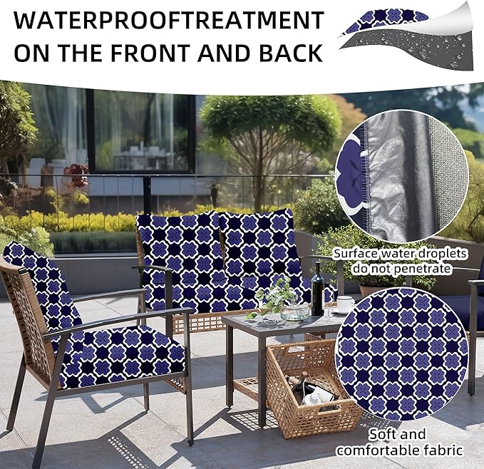Outdoor Cushion Covers 8-Pack, Stretch Fit, Dark Blue Geometric Pattern