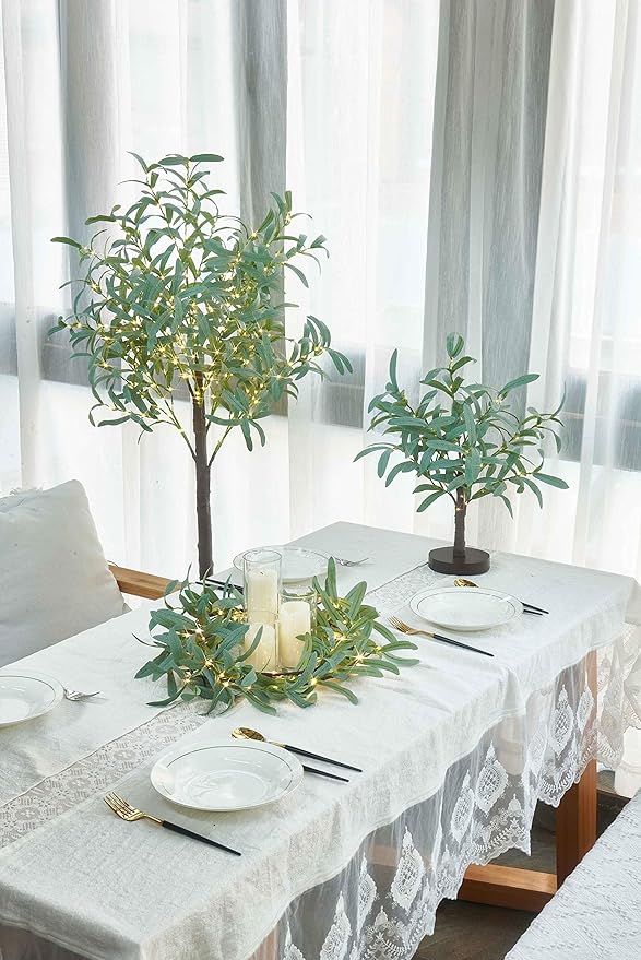 Artificial Olive Branch Greenery with 72 Warm White LED Fairy Lights, 24-Inch