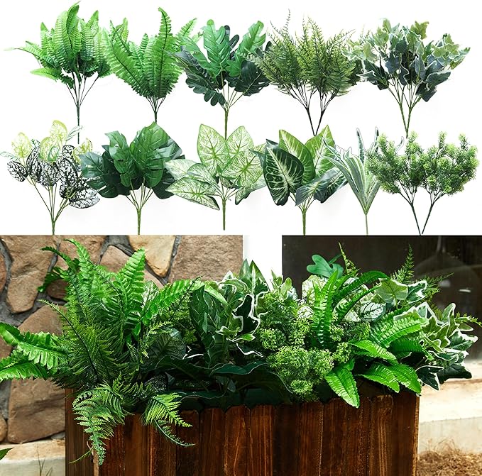 Artificial Greenery Plants Set, 14 Pieces, 11 Varieties, UV-Resistant Outdoor