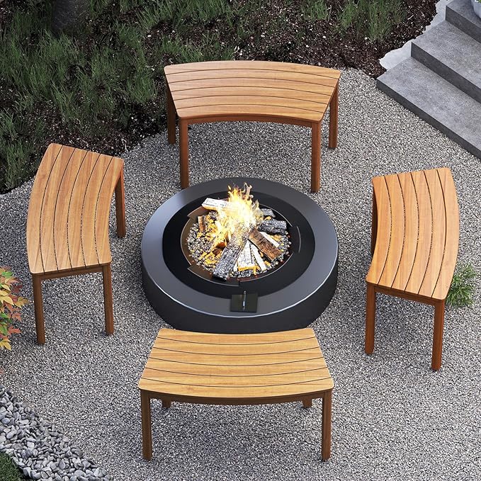 Tangkula Acacia Wood Outdoor Curved Bench Set of 2, Patio Garden Backless Fire - Image 4