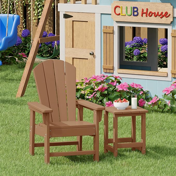 Kids Outdoor Side Table, 12-Inch Square HDPE Patio Table in Teak