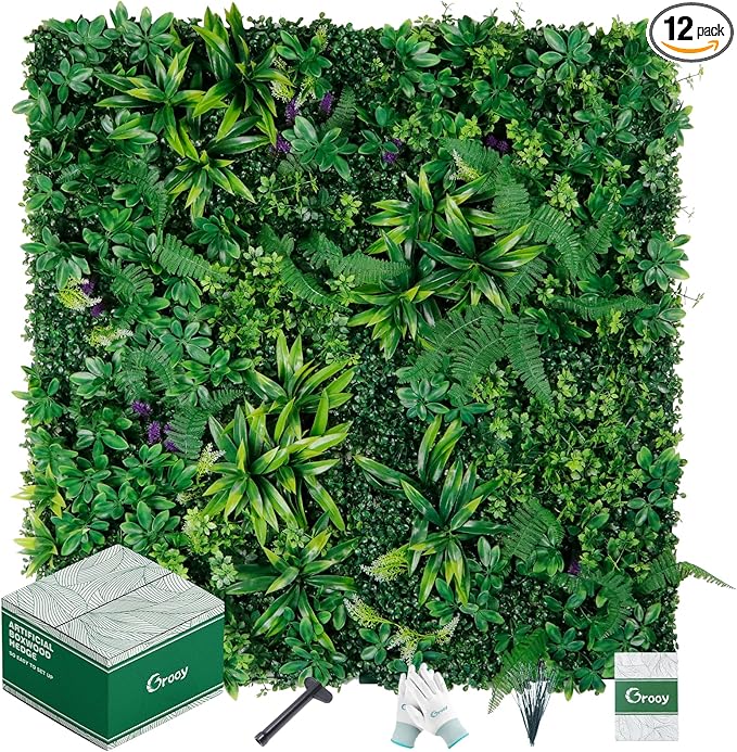 Artificial Boxwood Hedge Panels, 12 Pack, 20 x 20 Inch HDPE Wall Screen