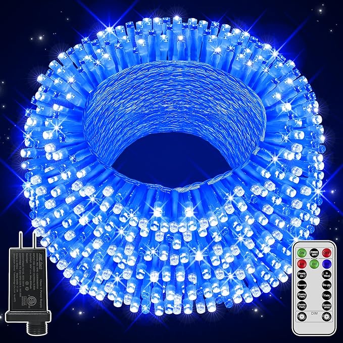 String Lights, 196 ft Blue LED with Remote and Timer
