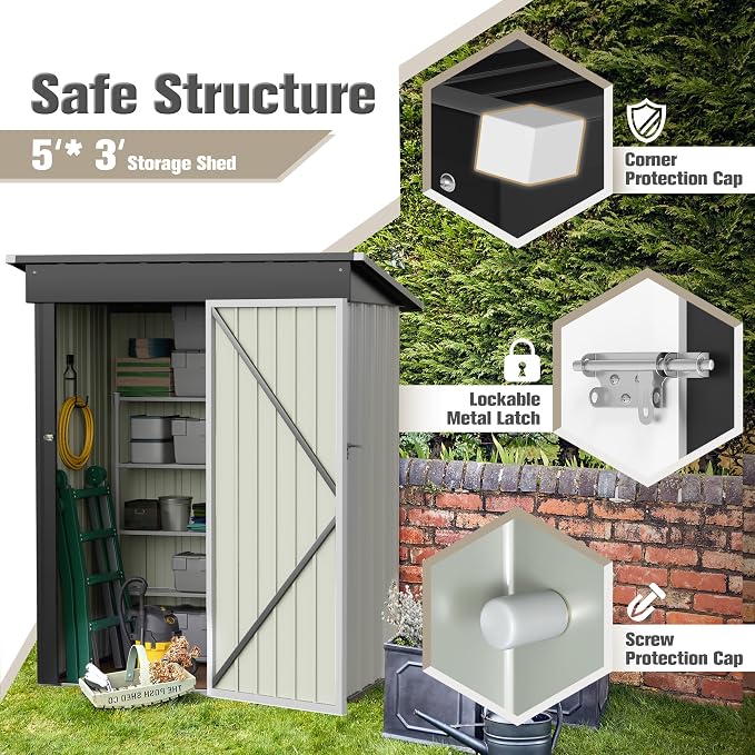 Metal Storage Shed 5 x 3 FT White with Lockable Door