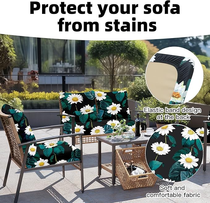 Outdoor Cushion Covers 8 Pack, Stretch Polyester Blend, Daisy