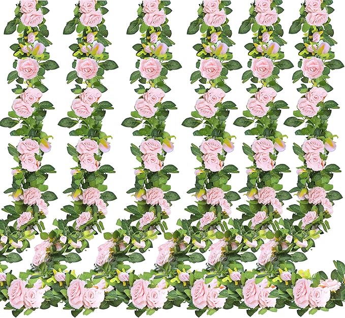 Artificial Plants Greenery Pink Silk Rose Vines, 6 Pack of 7.75 Ft Garlands