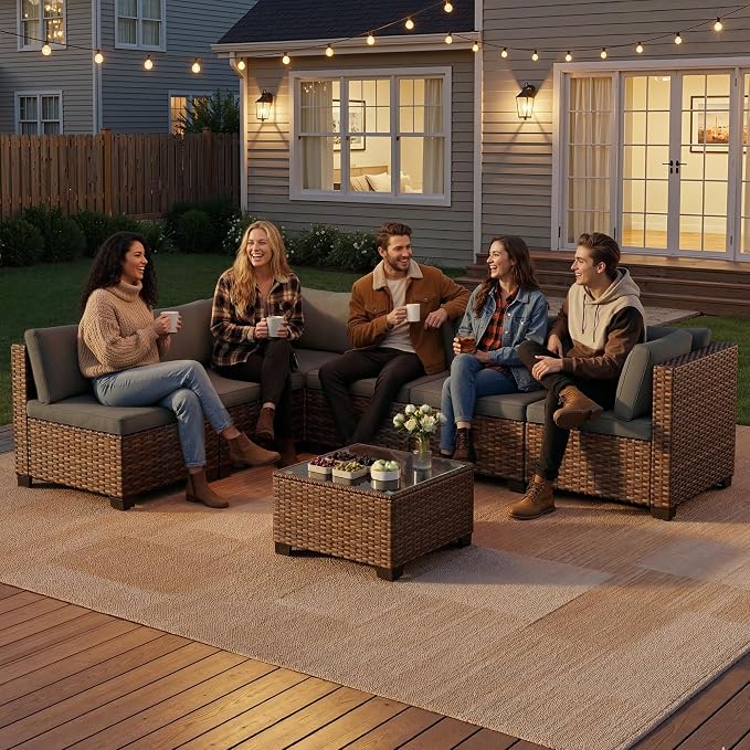 7 Pieces Patio Furniture Set, Outdoor Sectional Rattan Sofa Set, Wicker Patio - Image 6