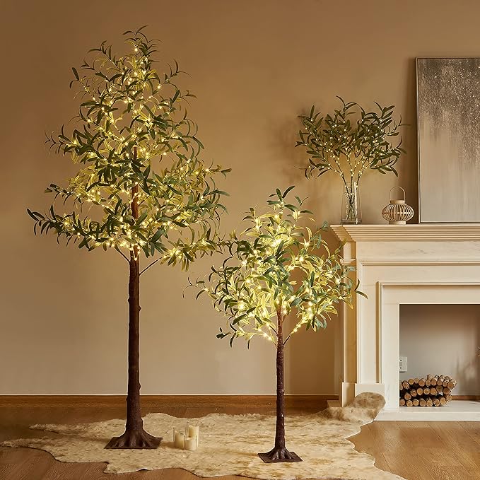 Artificial Olive Branch Greenery with 72 Warm White LED Fairy Lights, 24-Inch