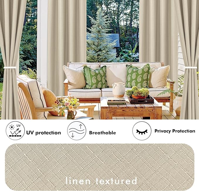 Outdoor Curtains, Cream Waterproof Linen Blend, 4 Panels 54x95 in