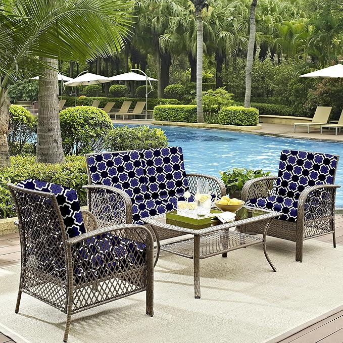 Outdoor Cushion Covers 8-Pack, Stretch Fit, Dark Blue Geometric Pattern