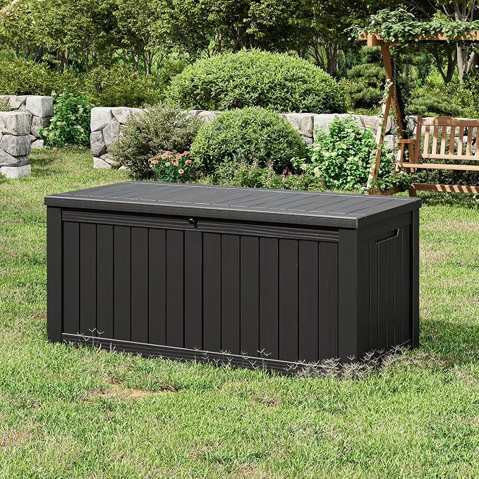 Deck Box, 150 Gallon, Striped Black Resin, Waterproof Outdoor Storage